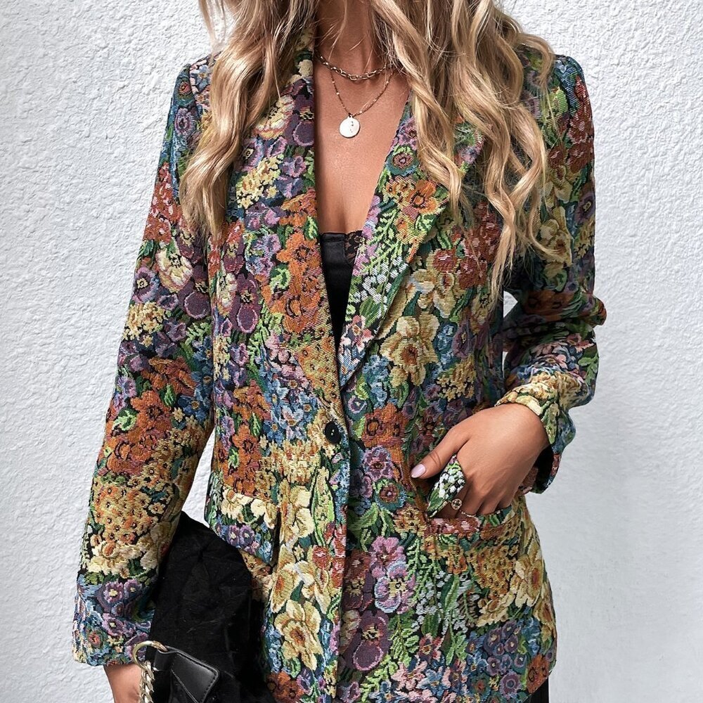 Multicolor Elegant Women's Allover Floral Print Single Button Blazer